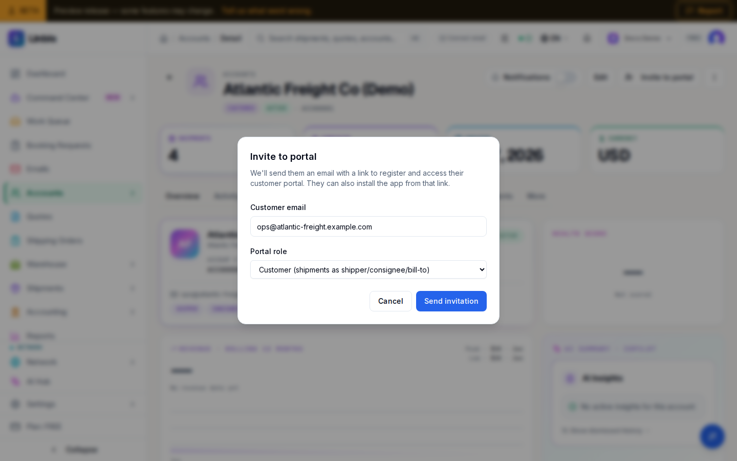 The Invite to portal dialog — customer email and the portal role