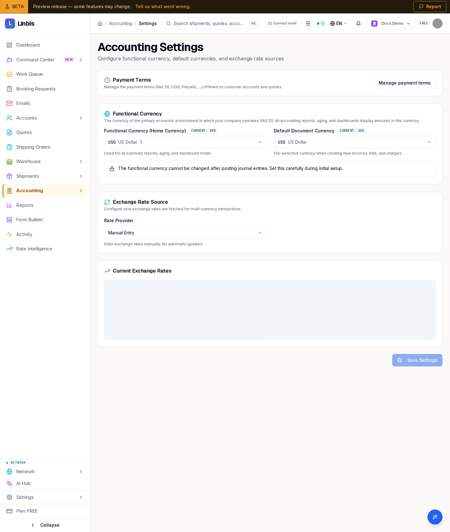 The Accounting Settings page — functional currency, default document currency, exchange-rate source, and current rates