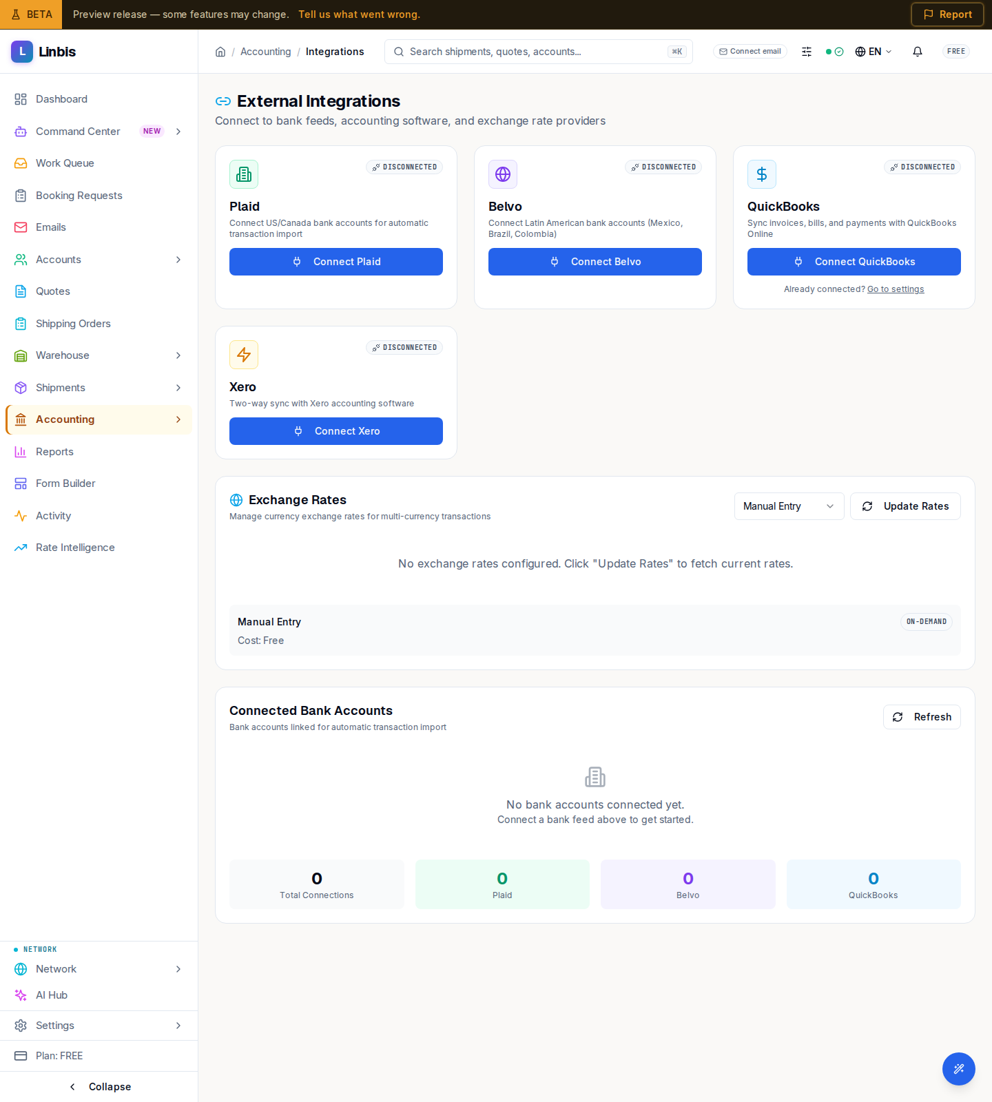 External Integrations — connection cards for Plaid, Belvo, QuickBooks, and Xero, plus the exchange-rates panel and connected accounts