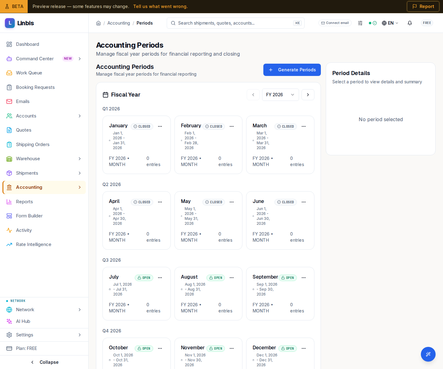 The Accounting Periods page — the fiscal-period list with statuses on the left and the Period Details panel on the right