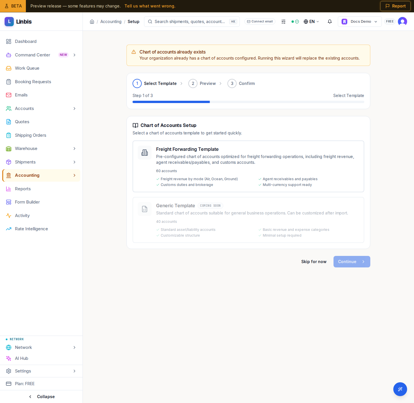 The Accounting Setup Wizard — step 1, selecting a chart-of-accounts template to stand up the accounting module