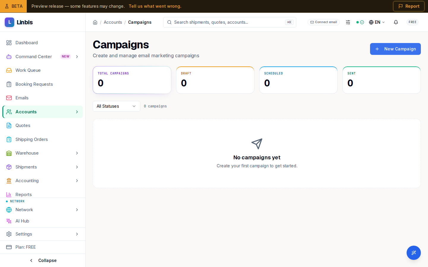 The Campaigns screen — KPI tiles for total, draft, scheduled, and sent above the status filter and campaign list