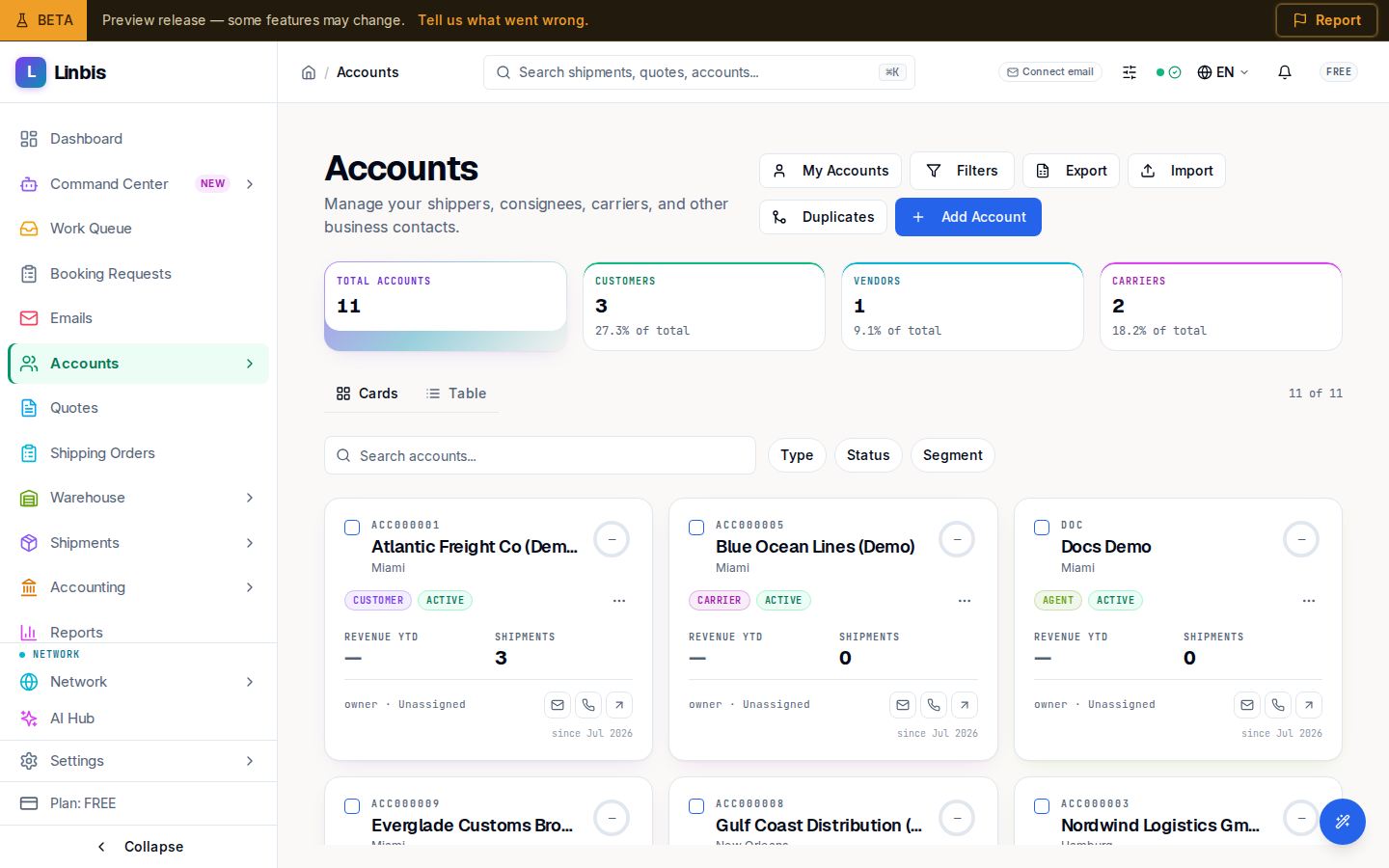 The Accounts list — stat tiles and account cards with type, status, and shipment counts
