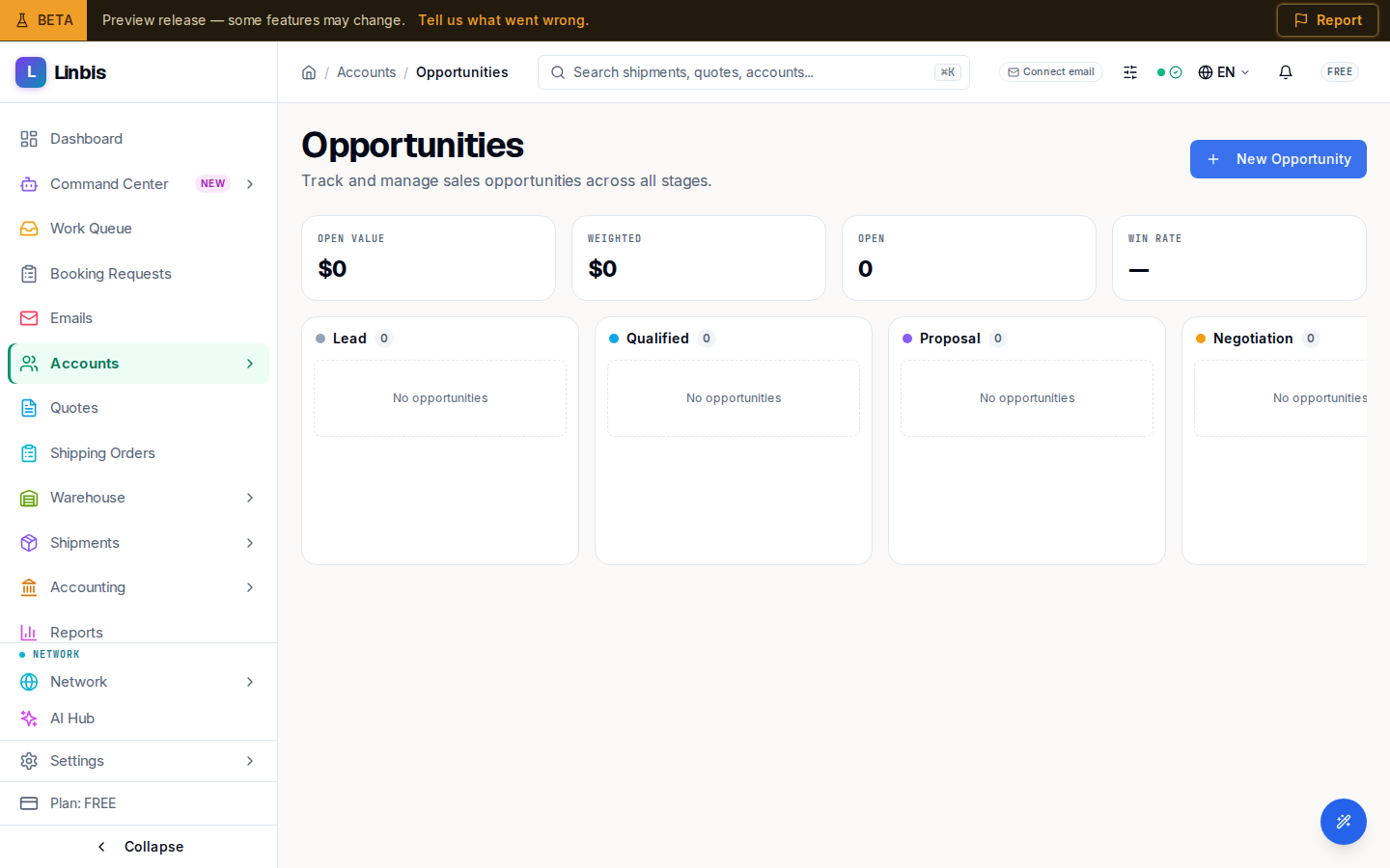 The Opportunities pipeline — a kanban board of deals across stages with open-value, weighted, and win-rate summary tiles