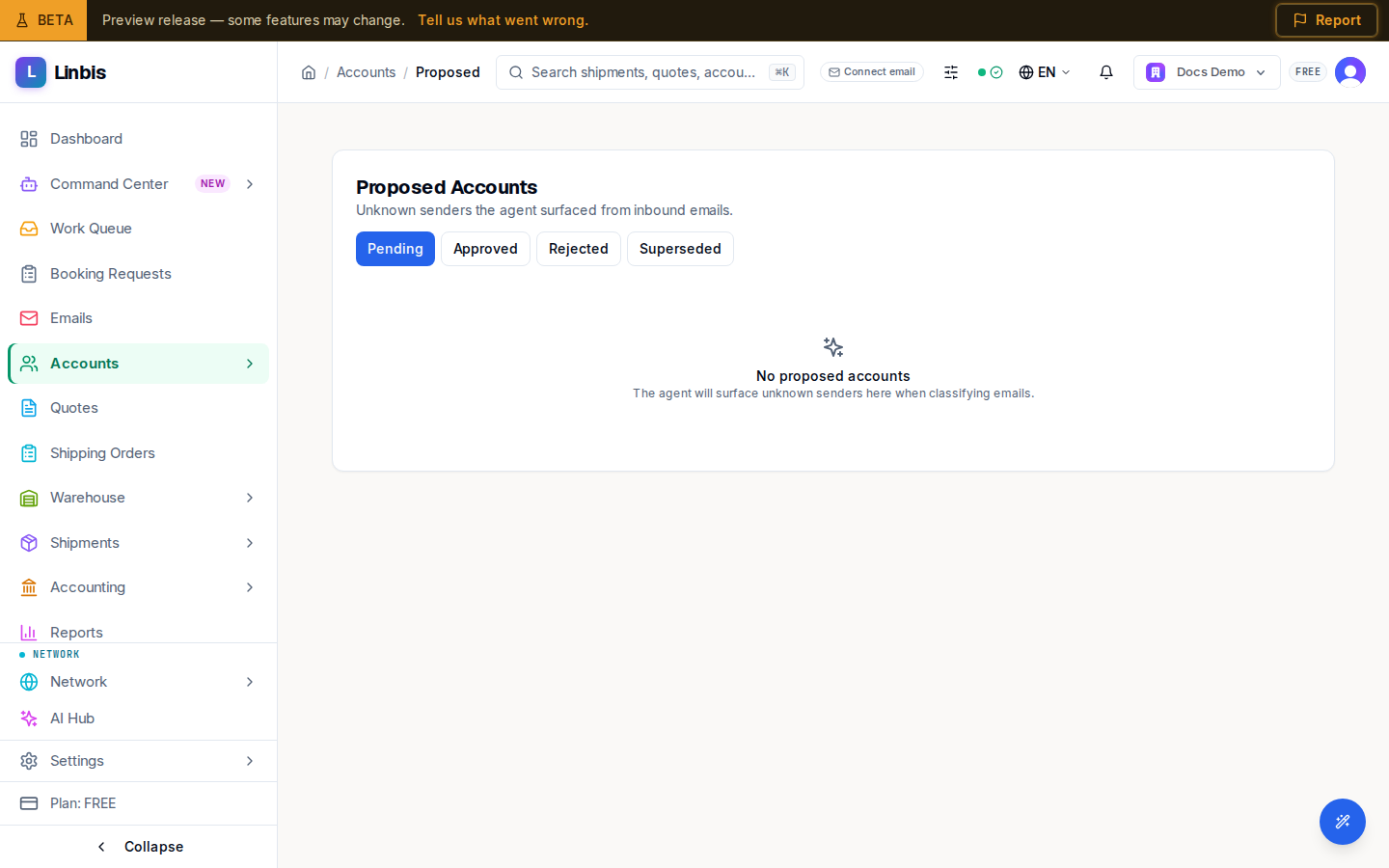 The Proposed Accounts queue — status tabs and rows of unknown senders with name, domain, confidence score, and detected date