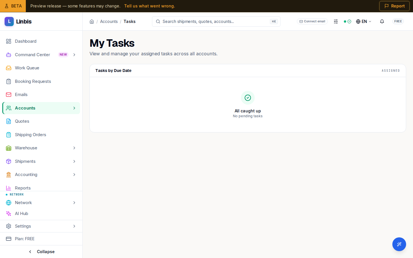 My Tasks — assigned to-dos grouped by due date, each with its account, due label, and priority pill