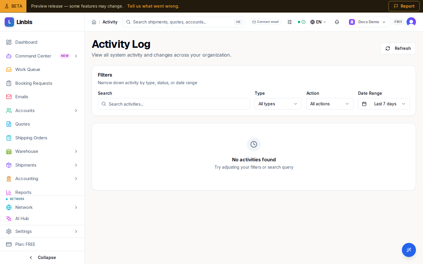 The Activity Log — filters for type, action, and date range