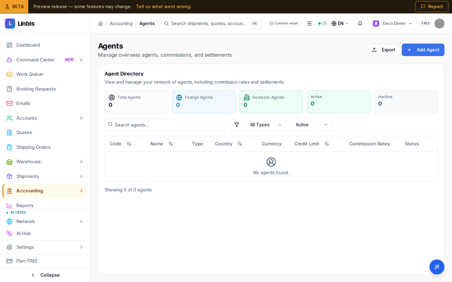The Agents page — the Agent Directory table listing agents with type, country, currency, credit limit, commission rates, and status