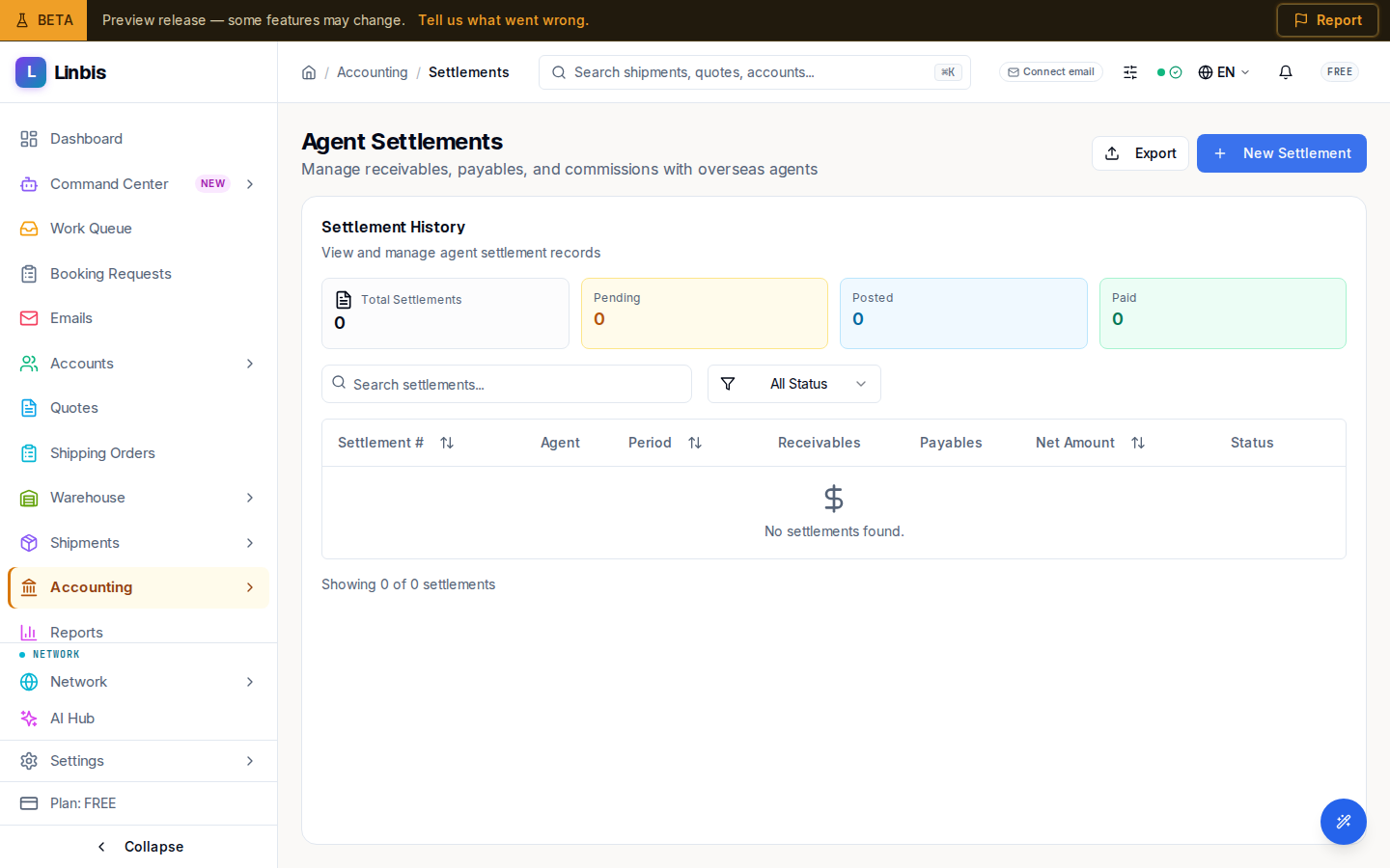 The Agent Settlements page — the Settlement History table with agent, period, receivables, payables, net amount, and status