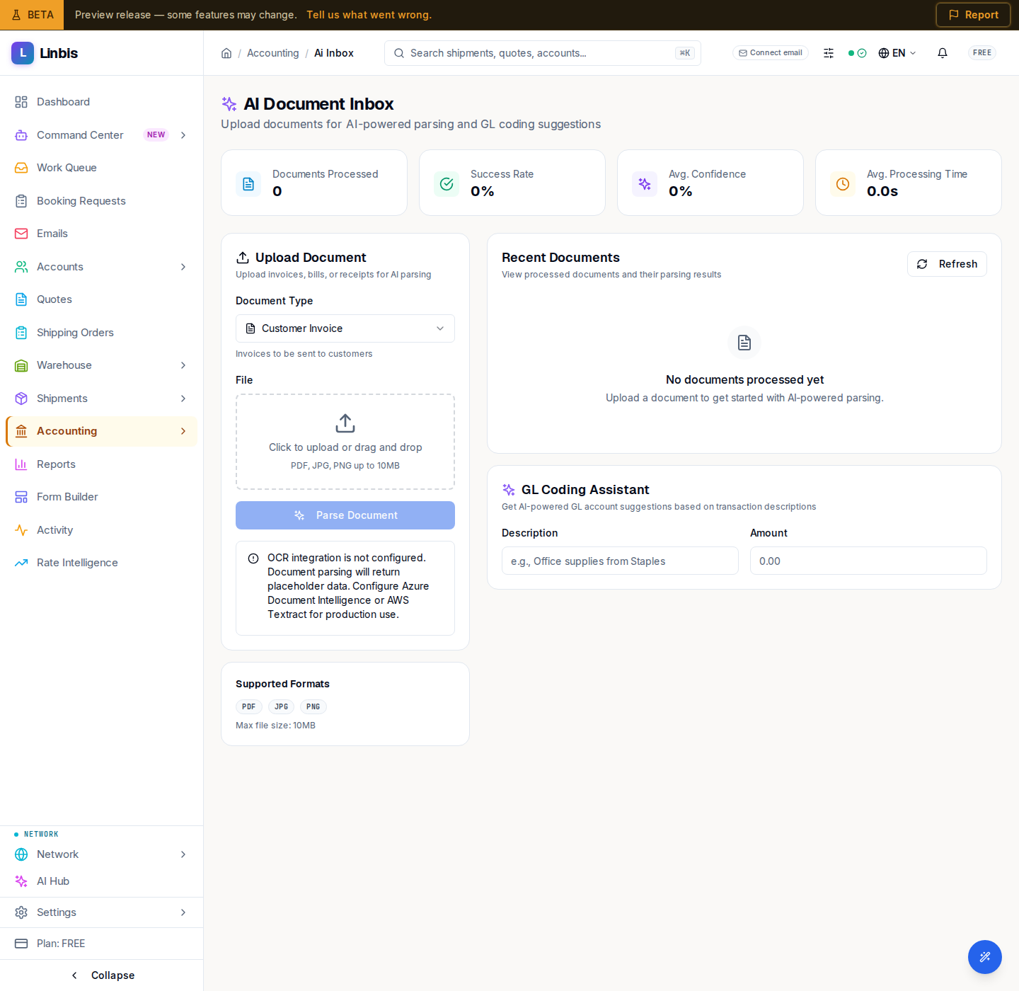 The AI Document Inbox — the upload panel, processing stats, and recent-documents queue for AI parsing and GL coding