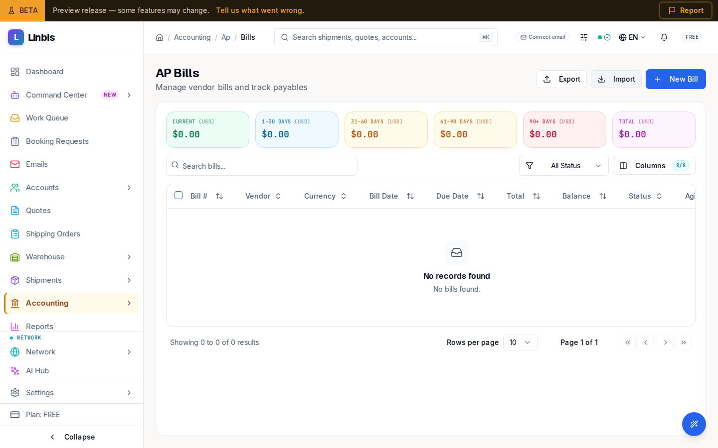 The AP Bills list — vendor bills with currency, dates, total, balance, status, and aging