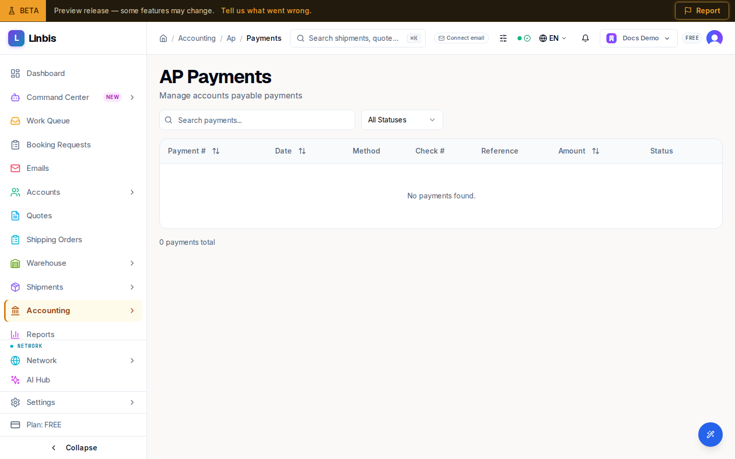 The AP Payments list — vendor payments with method, check number, reference, amount, and status