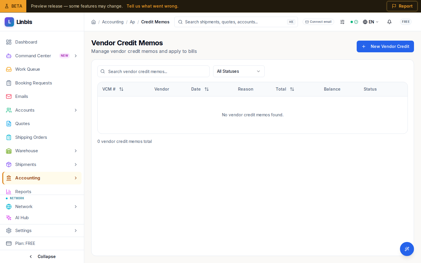 The Vendor Credit Memos list — vendor credits with number, vendor, date, reason, total, balance, and status
