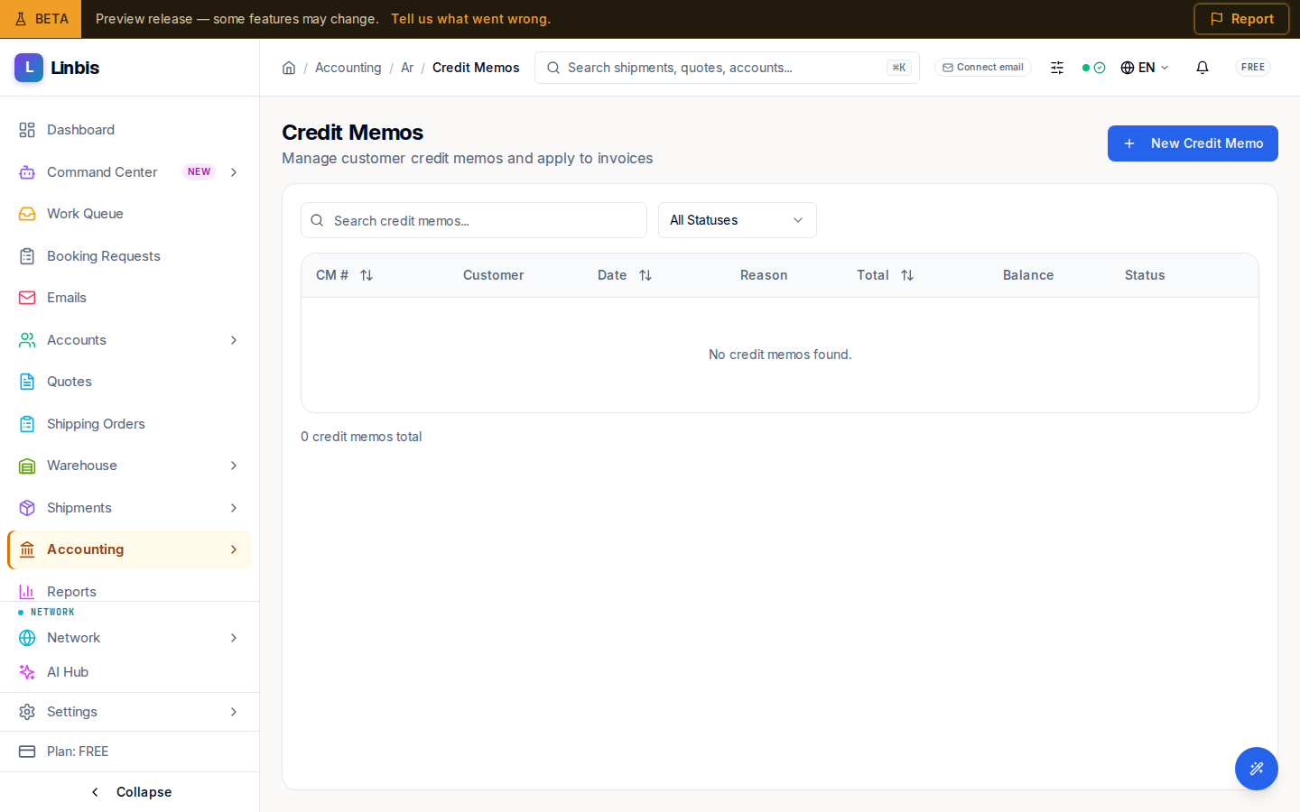 The Credit Memos list — customer credits with number, customer, date, reason, total, balance, and status