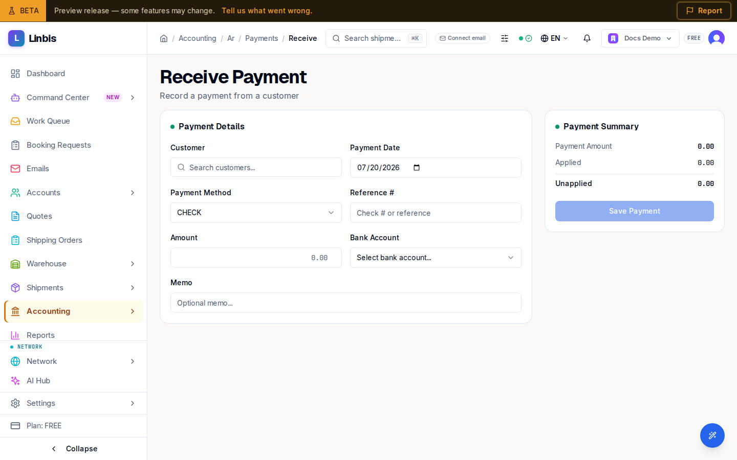 The Receive Payment form — payment details, invoice allocations, and the payment summary