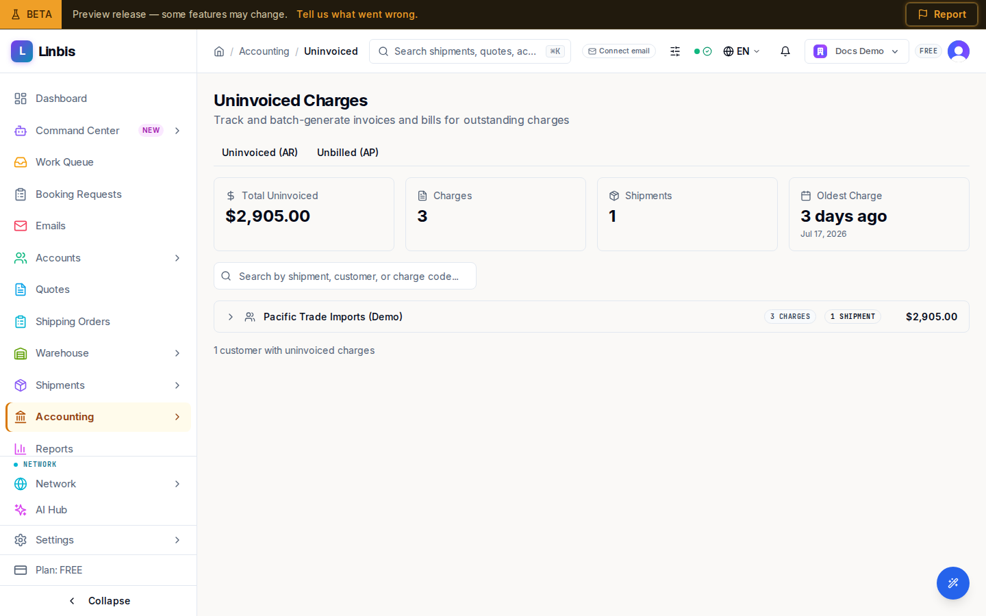 Uninvoiced Charges — grouped by customer, ready to tick and Generate Invoice
