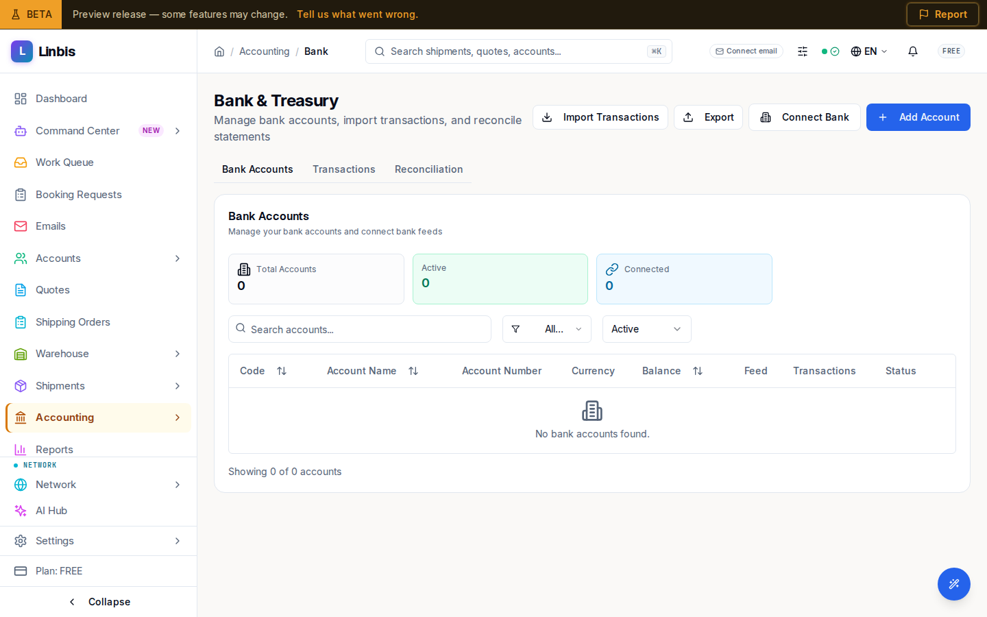 The Bank & Treasury page on its Bank Accounts tab — bank accounts with code, name, account number, currency, balance, and feed status