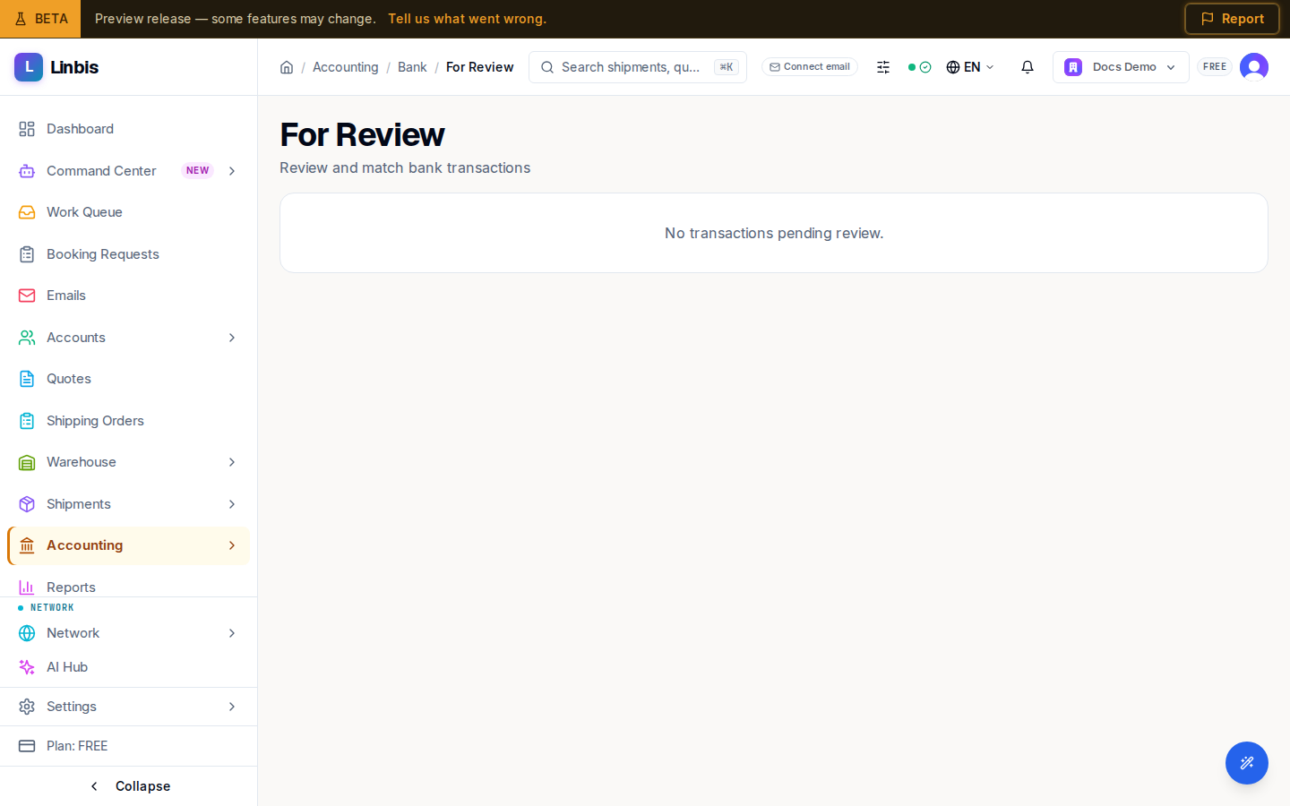 The For Review queue — imported bank transactions with match suggestions waiting to be matched or excluded