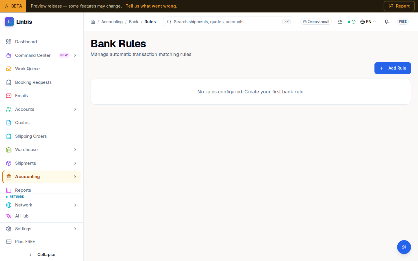 The Bank Rules table — automatic transaction-matching rules by priority, name, match, action, and status
