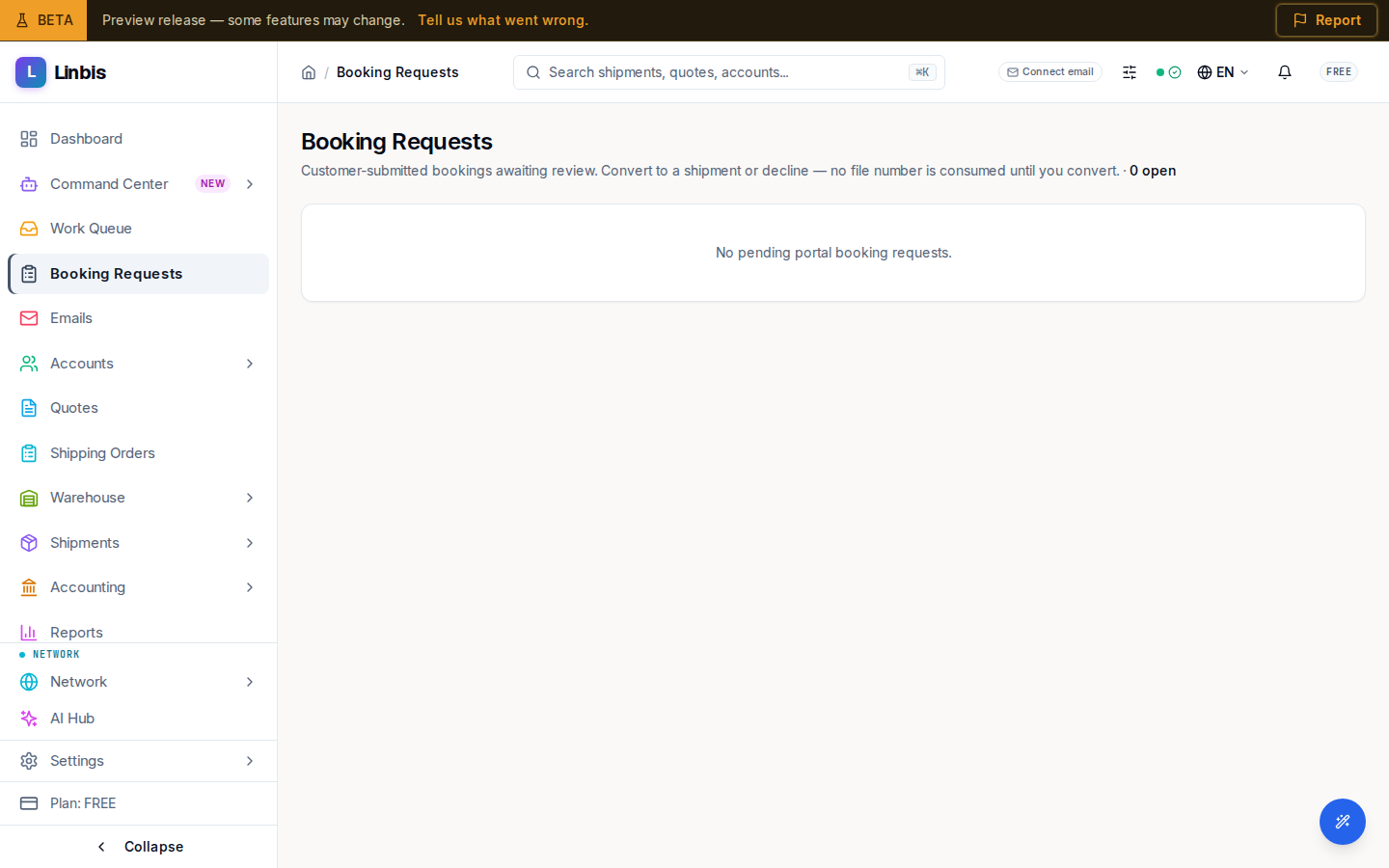 The Booking Requests queue — portal submissions land here for review (empty when nothing is pending)