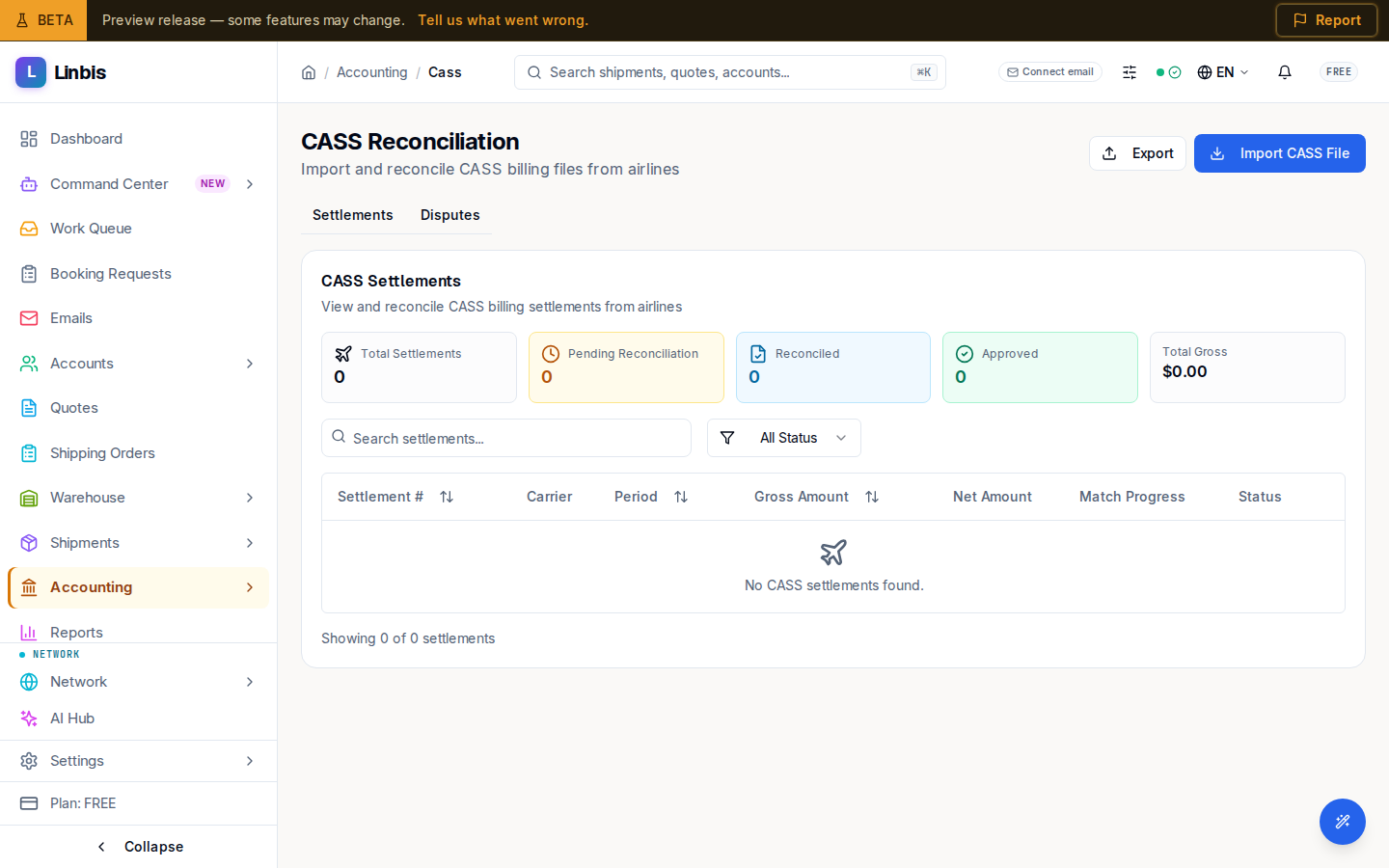 CASS Reconciliation — the Settlements tab listing airline CASS billing settlements for matching against air shipments