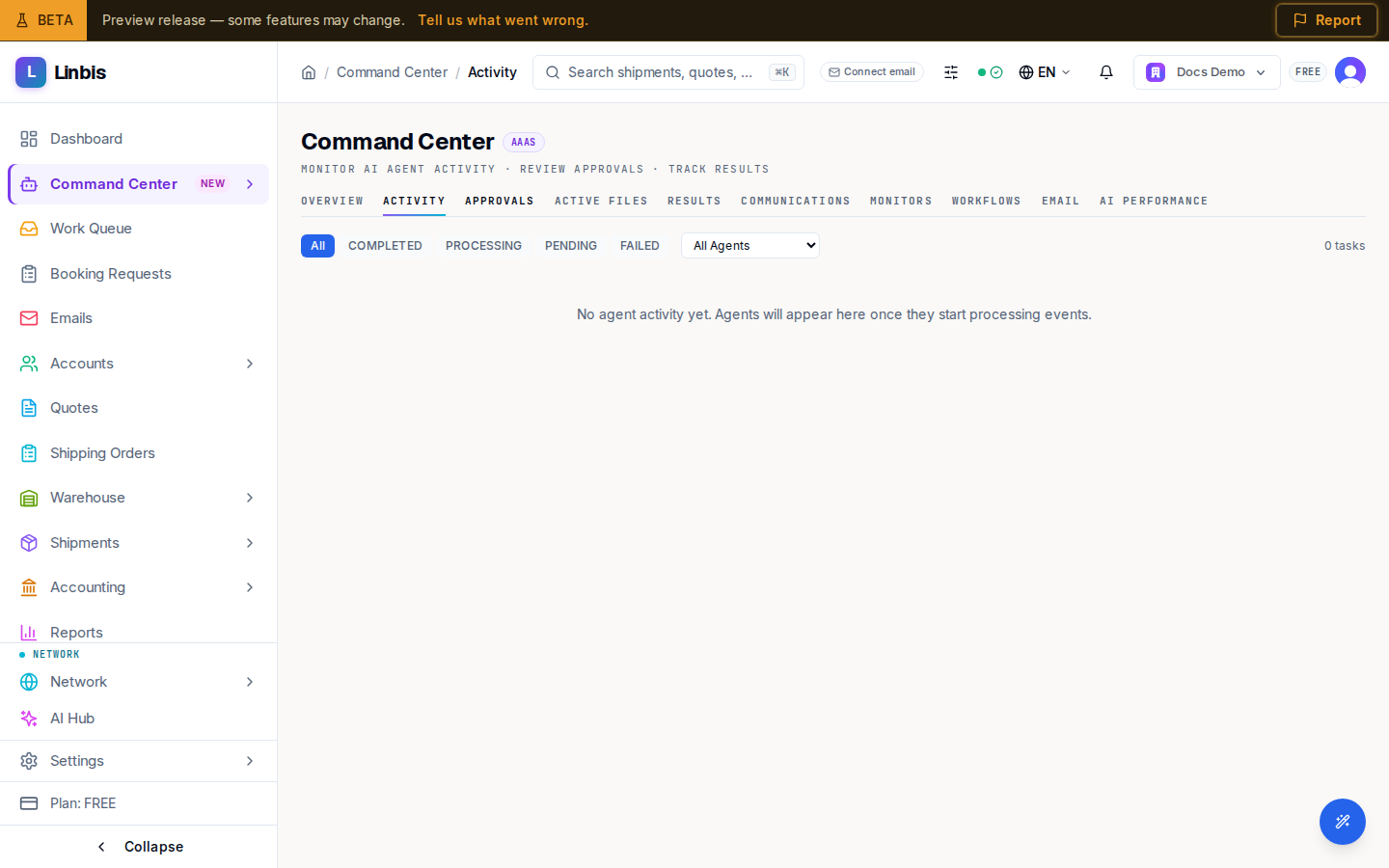 The Command Center Activity tab — the status and agent filters above the agent task feed, one row per task with its decision source and status badge