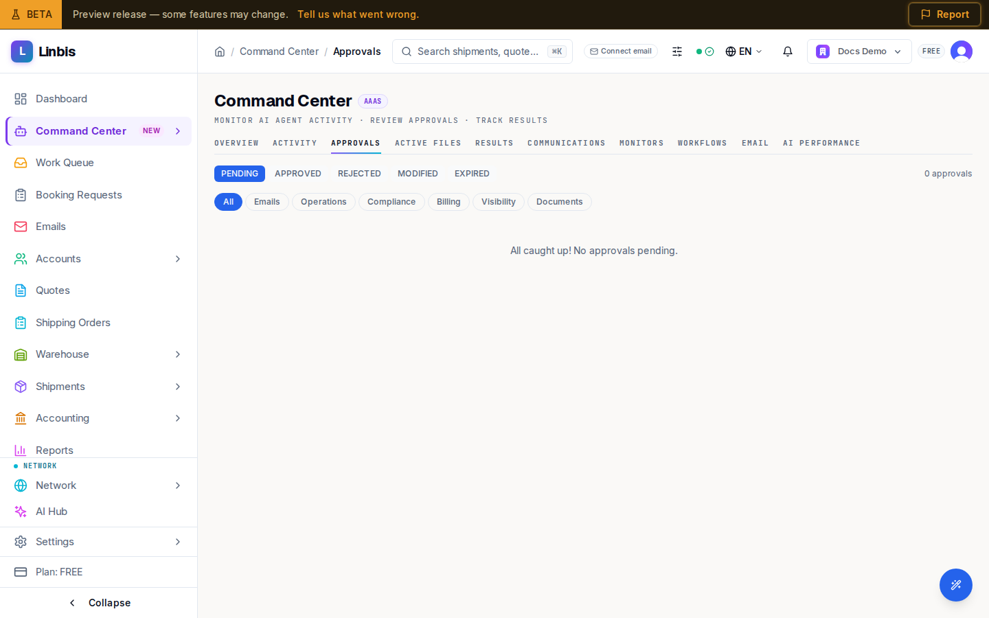 The Command Center Approvals tab — the PENDING decision queue of agent-proposed actions, each an approval card with a confidence bar and Approve, Reject, and Edit actions