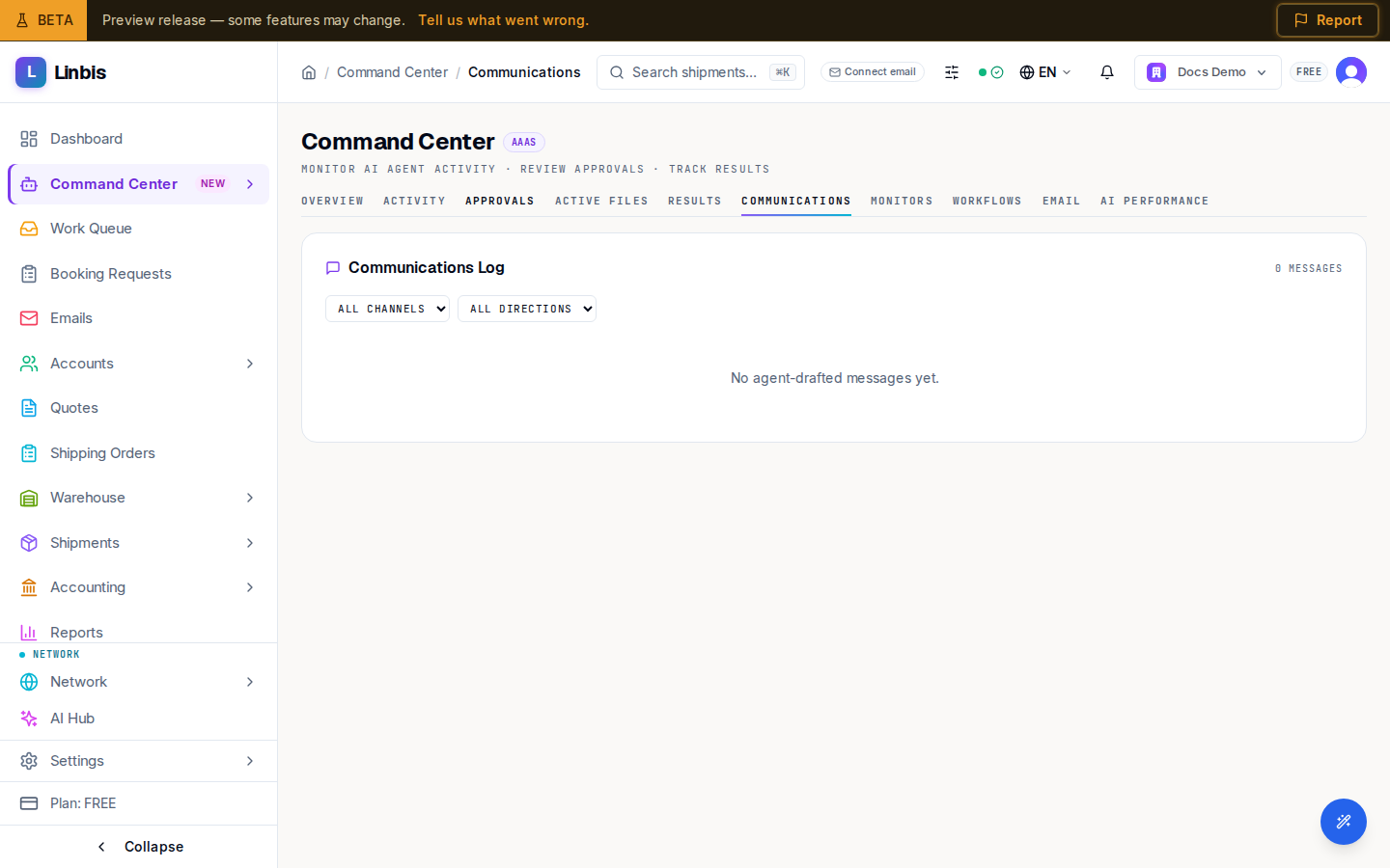 The Command Center Communications tab — every agent-drafted message with its AI Drafted pill and delivery status, filterable by channel and direction