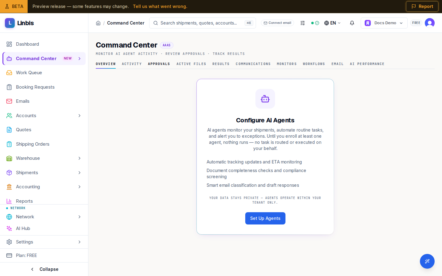 The Command Center — its tab rail (Overview, Activity, Approvals, Results) and agent setup