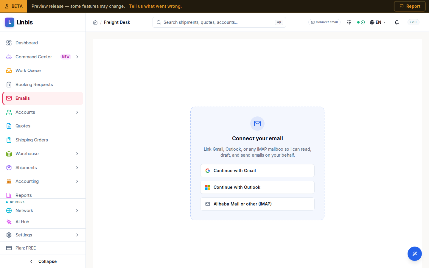 The Work Queue fills from your connected mailbox — until one is linked, this connect screen shows instead