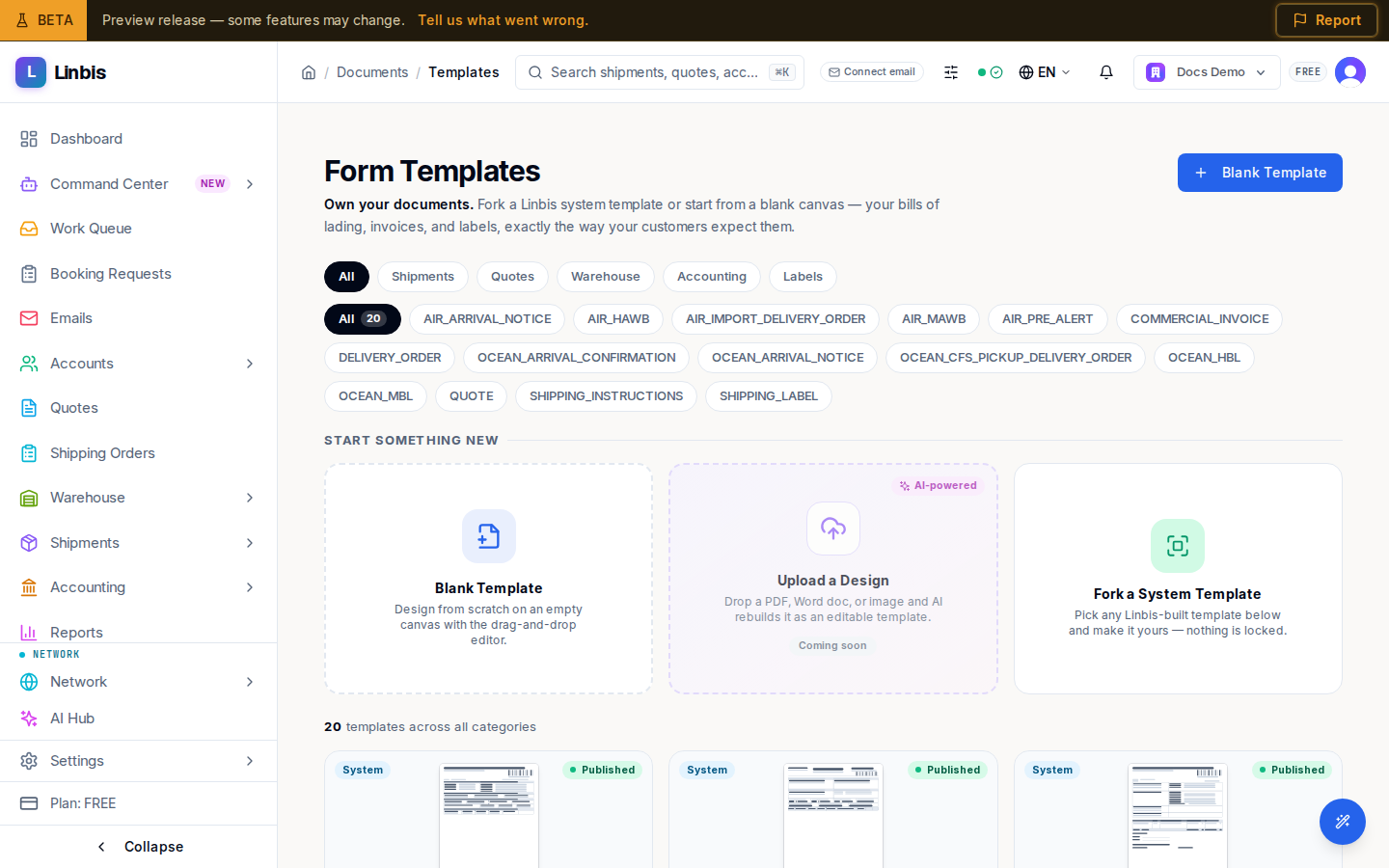 The Form Templates gallery — 20 system templates by category, ready to fork