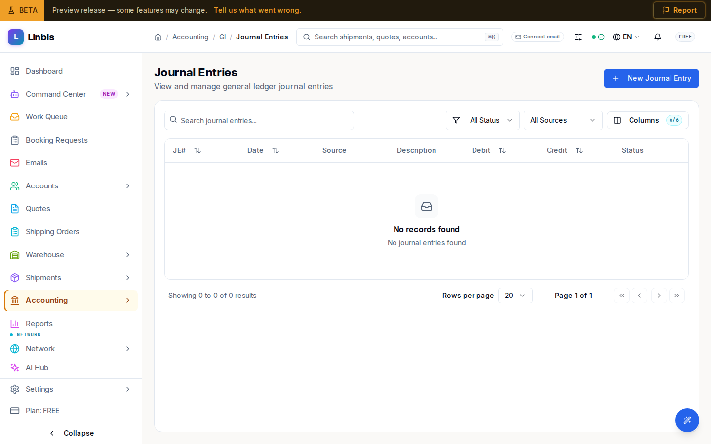 The Journal Entries list — every general-ledger posting with date, source, description, debit, credit, and status