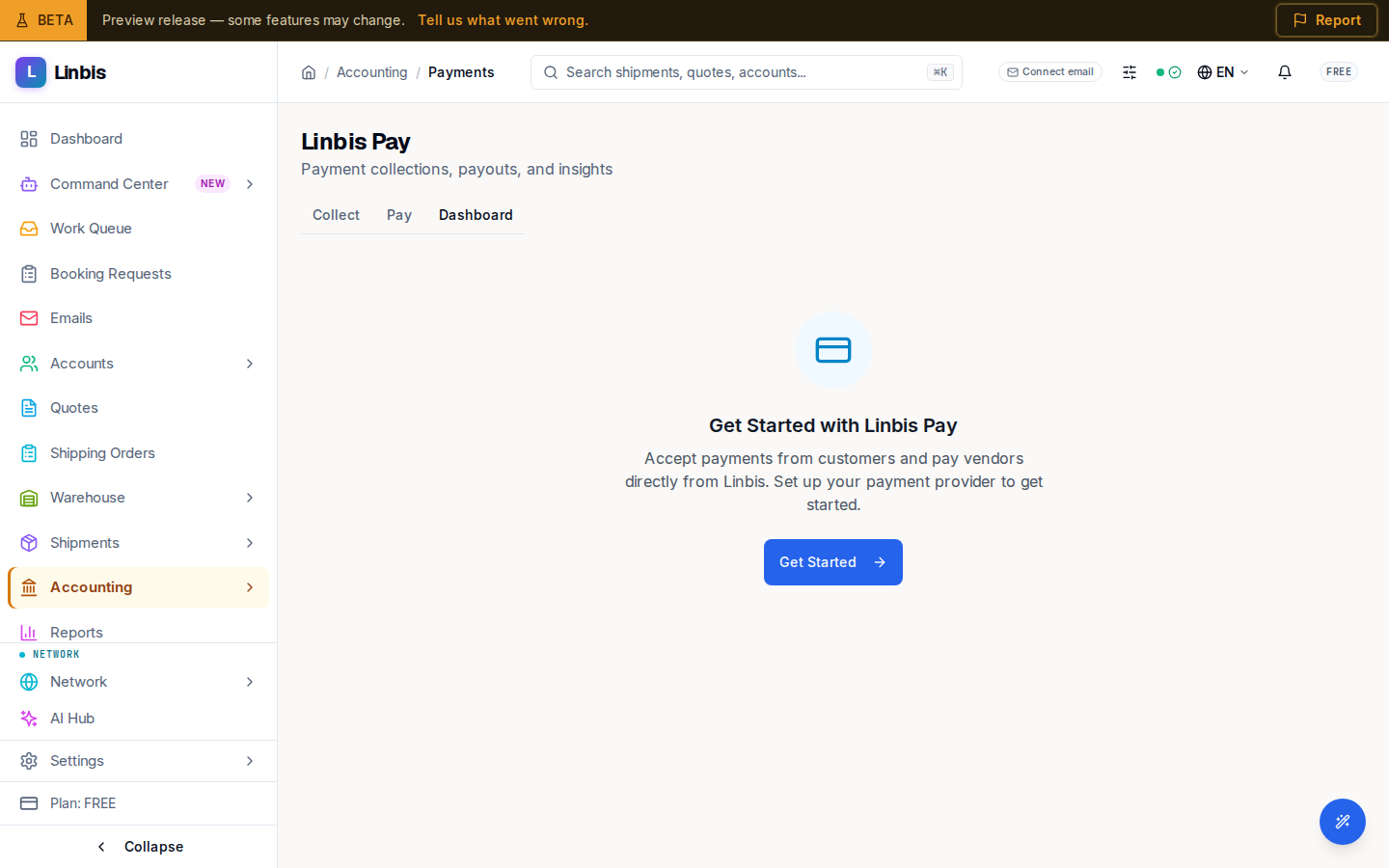The Linbis Pay dashboard — the Collect / Pay / Dashboard tabs with the payments KPI row and aging