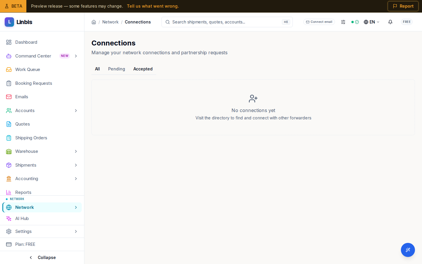 The Connections page — accepted, pending, and requested network connections (a new tenant sees the empty state)