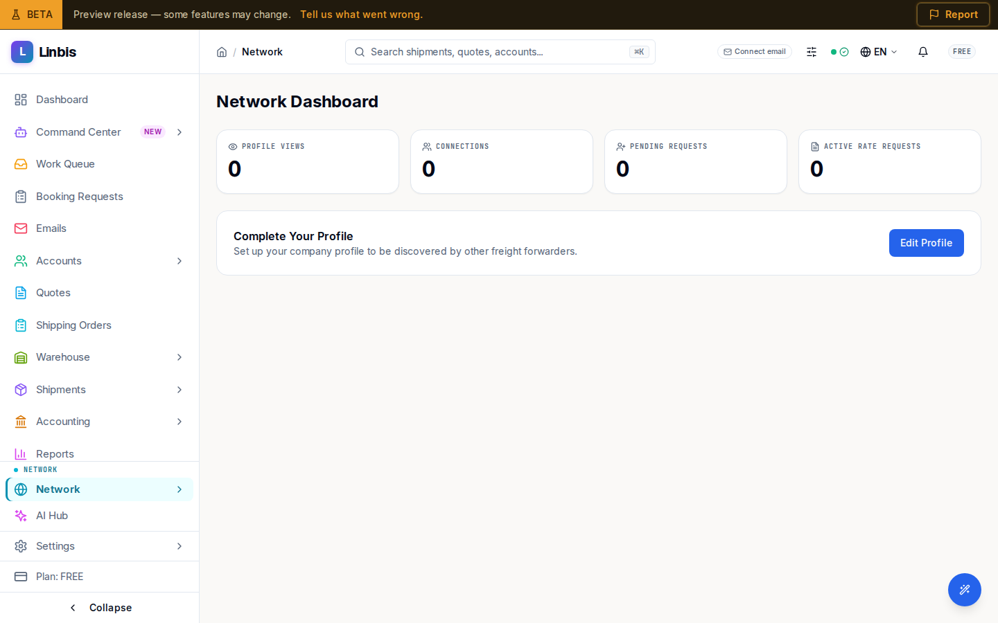 The Network dashboard — profile views, connections, and rate requests at a glance