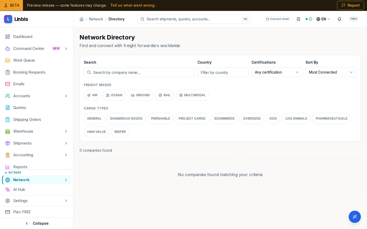 The Network Directory — searchable cards of forwarders and partners across the Linbis network