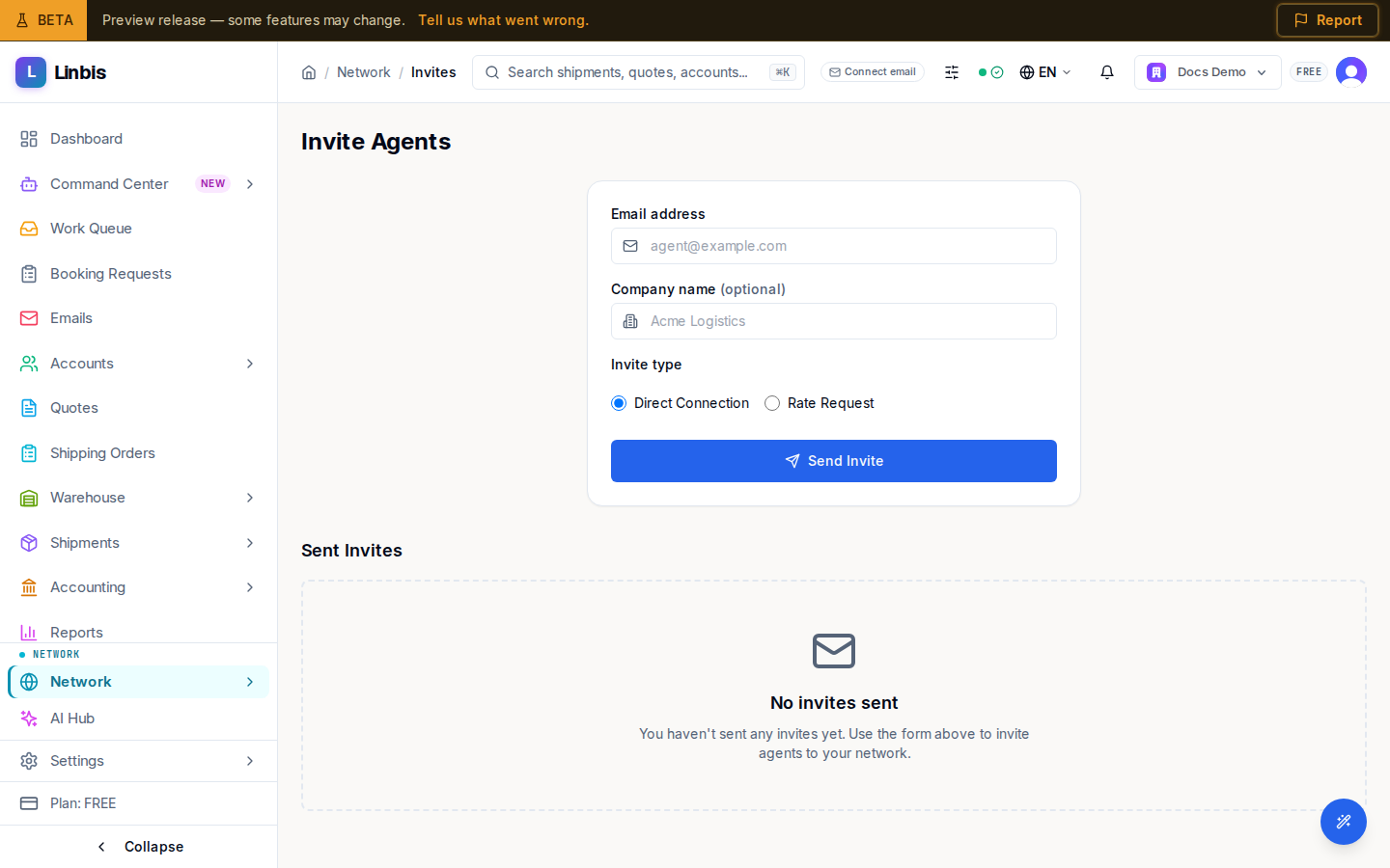 The Invite Agents page — send network invitations and track those already sent (a new tenant sees the empty state)