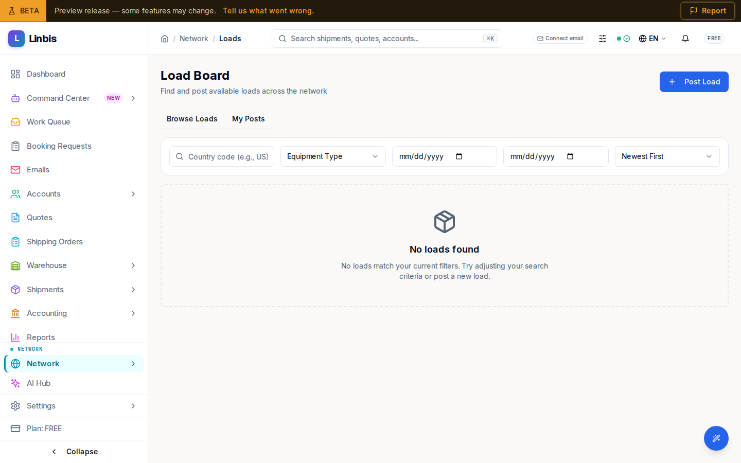The Load Board — available loads posted across the network with mode and lane filters (a new tenant sees the empty state)