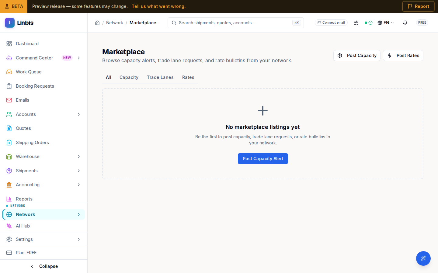 The Marketplace — capacity alerts, trade-lane requests, and rate bulletins from your network (a new tenant sees the empty state)
