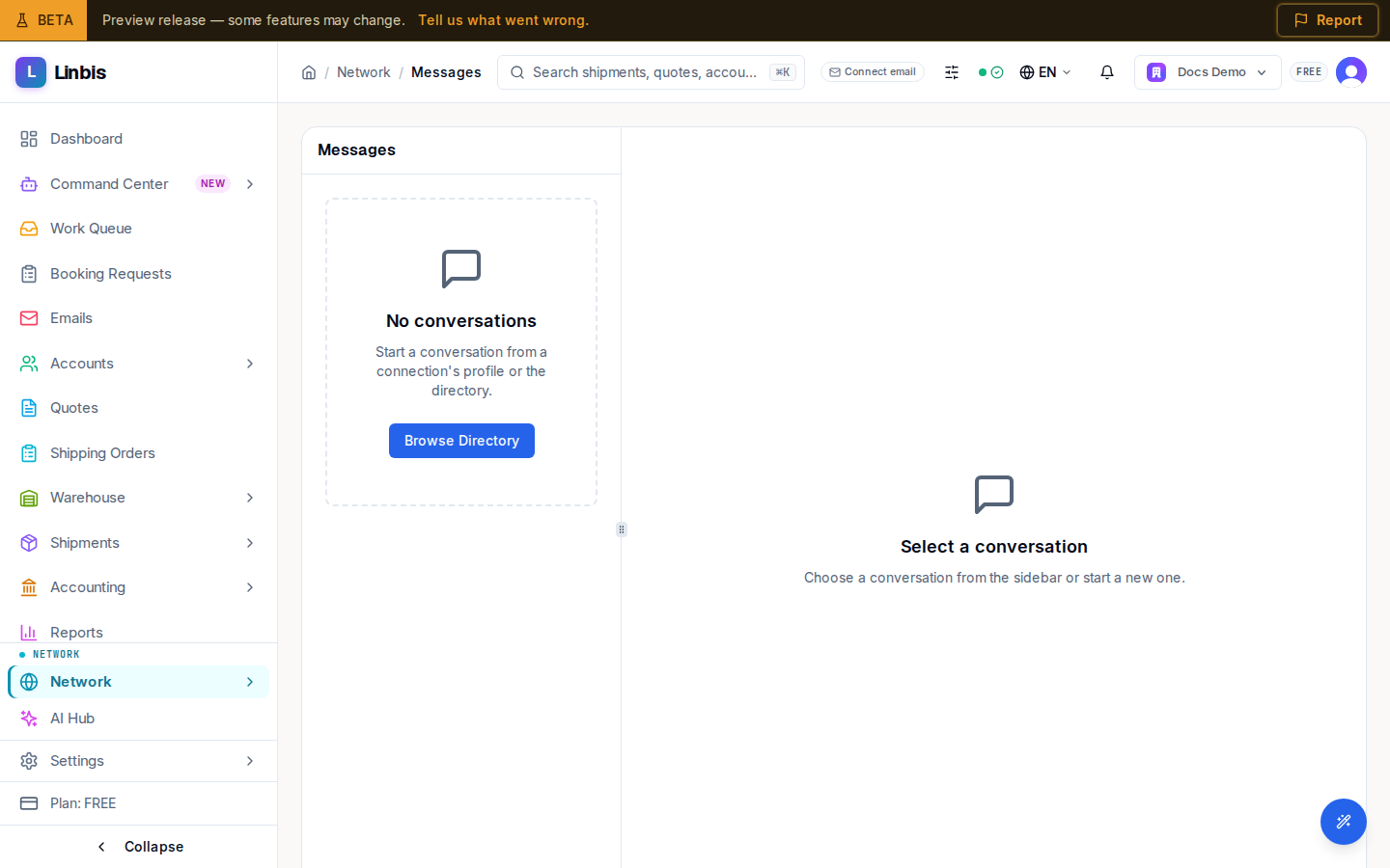 The Messages page — the two-pane network inbox with a conversation list and reading panel (a new tenant sees the empty state)