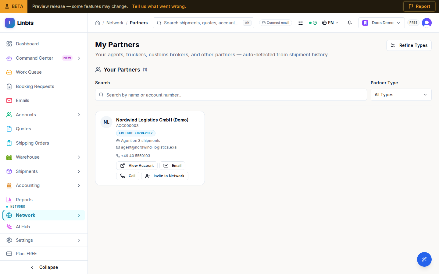 The My Partners page — agents, truckers, and brokers auto-detected from your shipment history