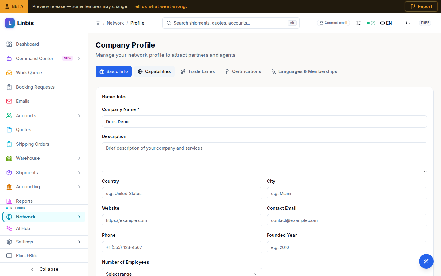 The Company Profile page — your network-facing organization details and the publish controls
