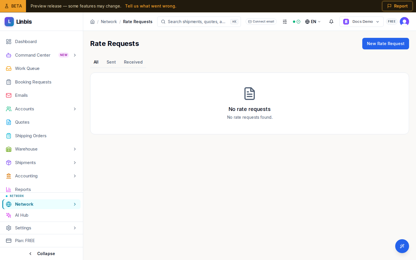 The Rate Requests page — outbound and inbound network rate requests (a new tenant sees the empty state)