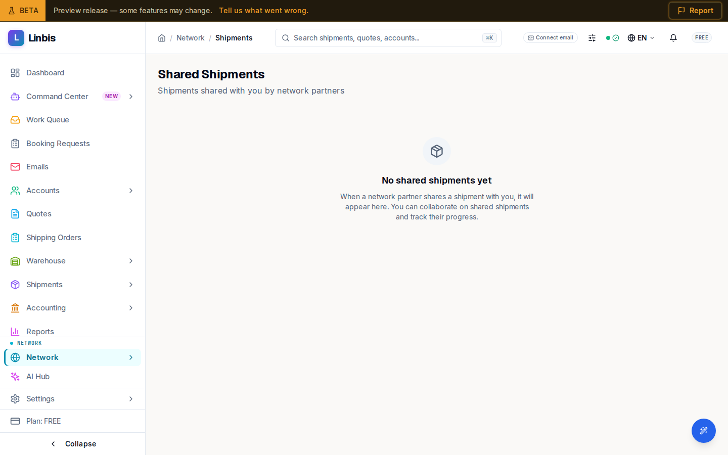 The Shared Shipments page — shipments network partners have shared with you (a new tenant sees the empty state)
