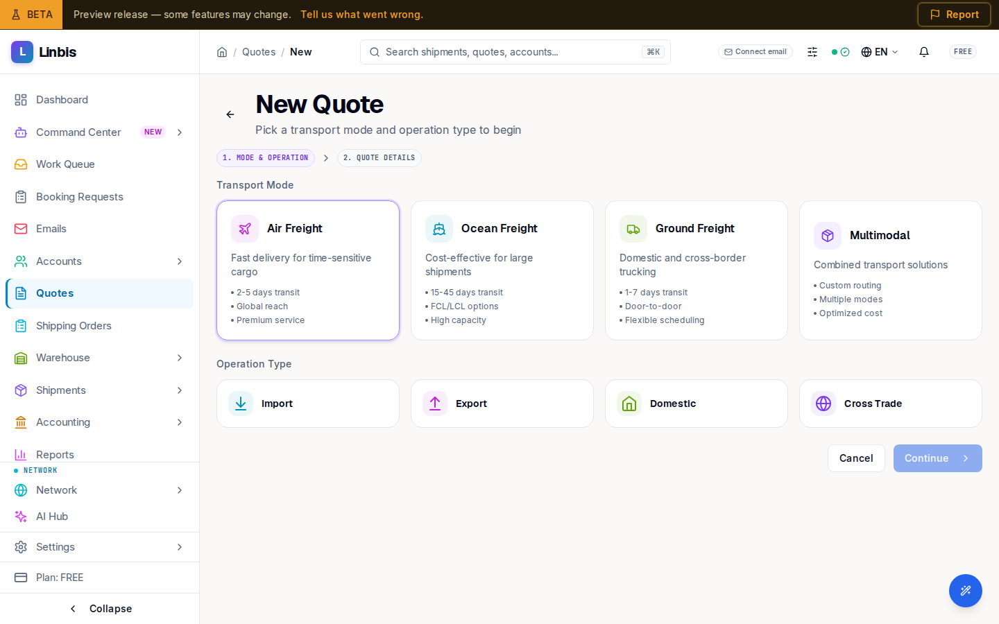 Step 1 of the New Quote wizard β transport mode and operation type