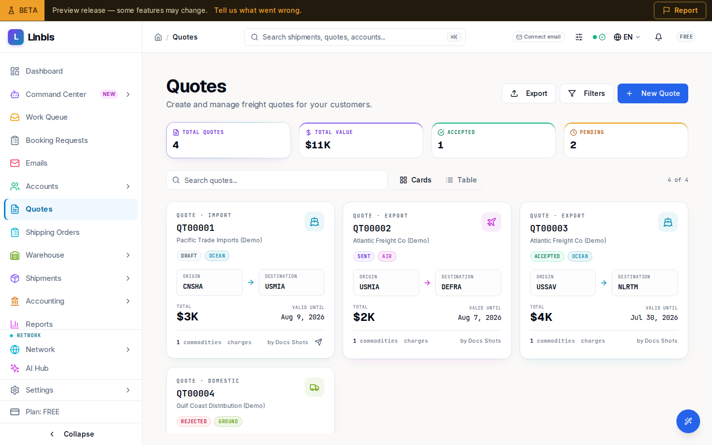 The Quotes list — stat tiles and quote cards with status, lane, and total
