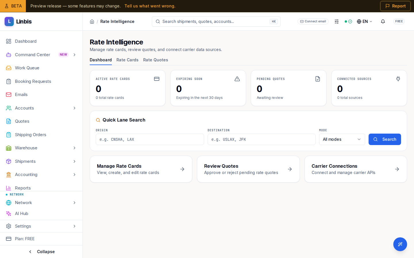 The Rate Intelligence dashboard — where your rate cards, sources, and pending quotes live