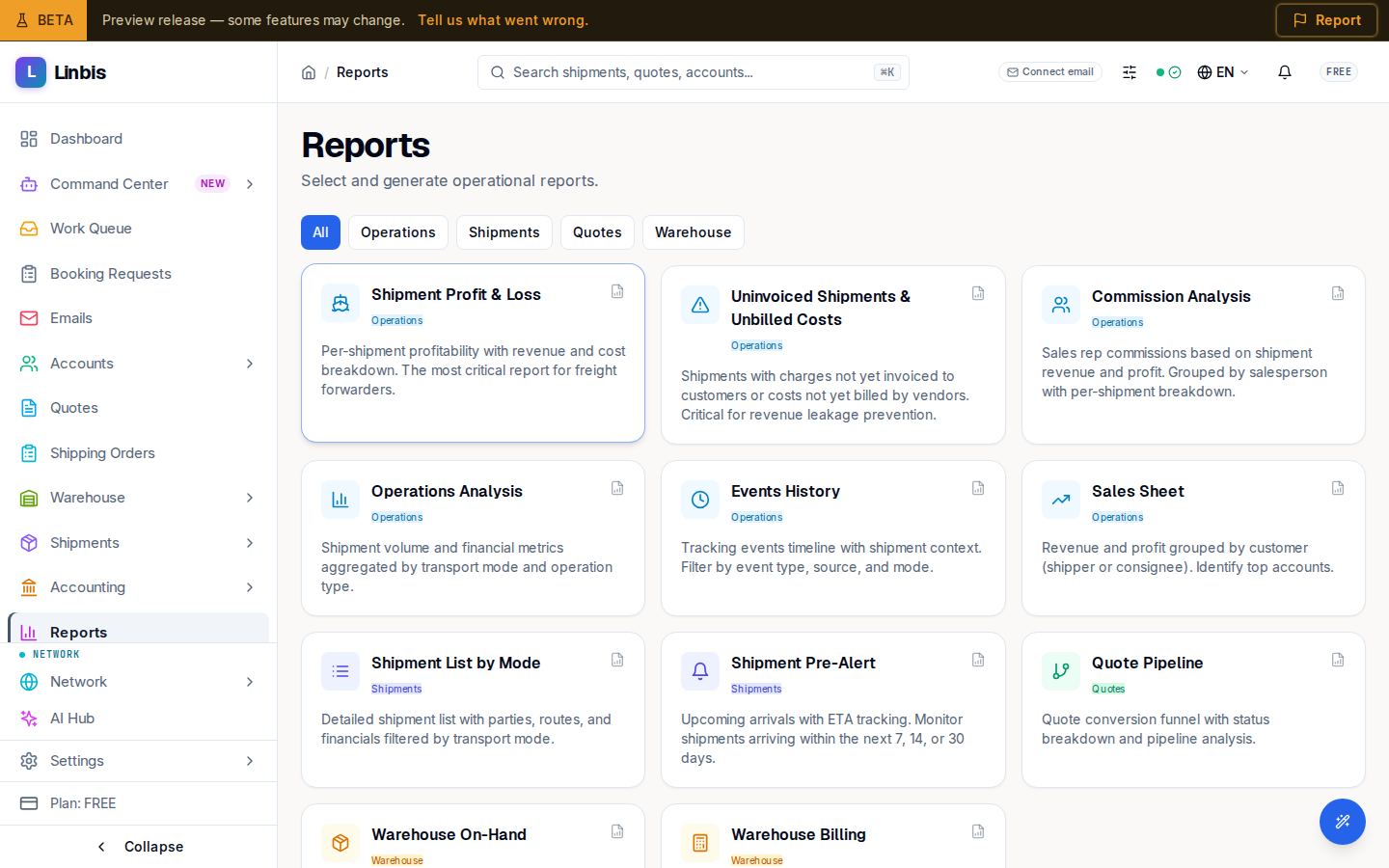 The Reports catalog — pick a card, set filters, generate