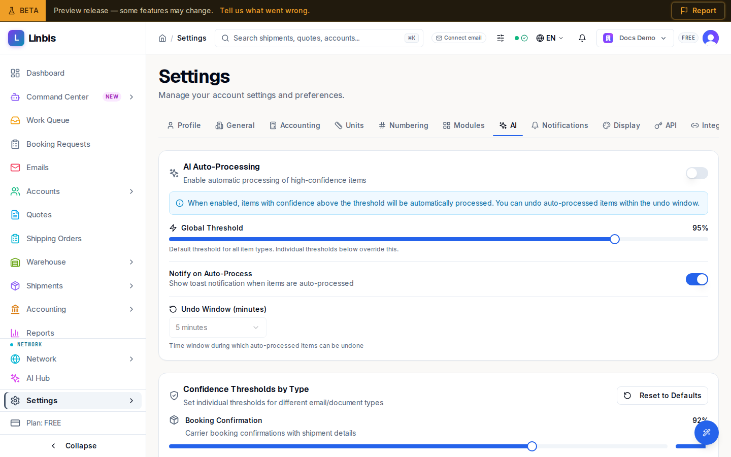 The AI tab of Settings — the Auto-Processing master switch, the global confidence slider, and the per-type threshold sliders