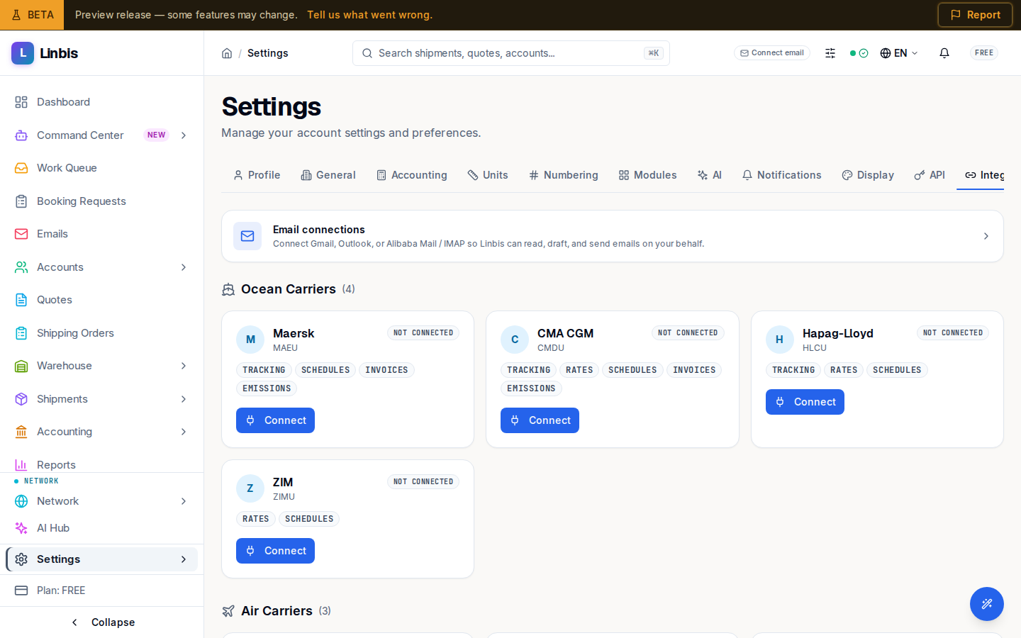 The Integrations tab of Settings — the Email connections card above the carrier grid and QuickBooks
